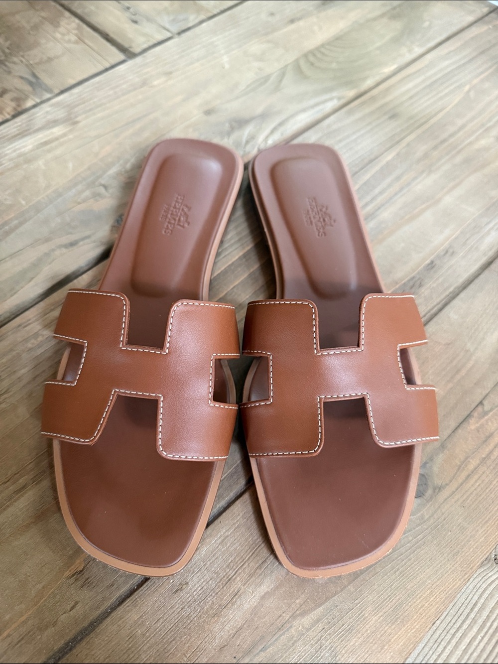 Hermes Tan Oran Leather Slide Sandals